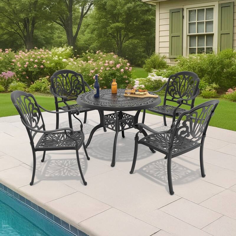 5-Piece Cast Aluminum Outdoor Dining Set with 39.37 in. Round Table and Seat Cushions