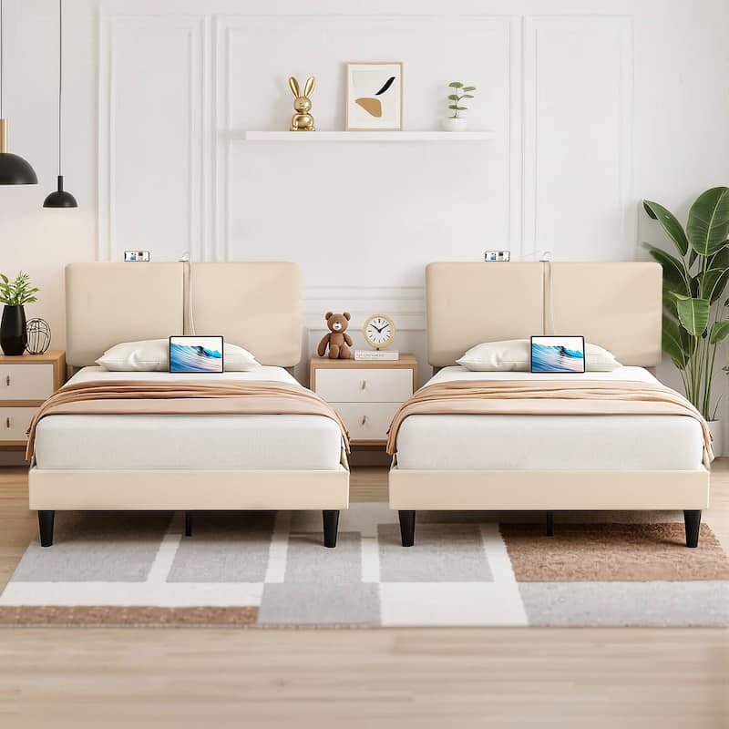 Javlergo 2 Pack Kids Upholstered Platform Bed Frame with Type-C USB Charging Station Adjustable Split Headboard Bed Set of 2 - Beige