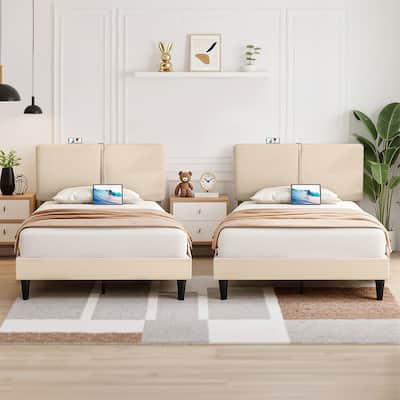 Javlergo 2 Pack Kids Upholstered Platform Bed Frame with Type-C USB Charging Station Adjustable Split Headboard Bed Set of 2