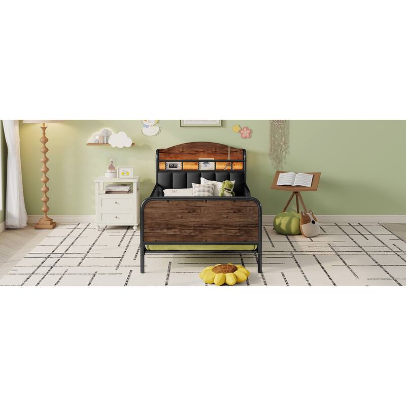 Roomfitters Twin/Full Metal Platform Bed, LED Storage Headboard and Guardrails with Metal Frame for Bedroom or Guest Room