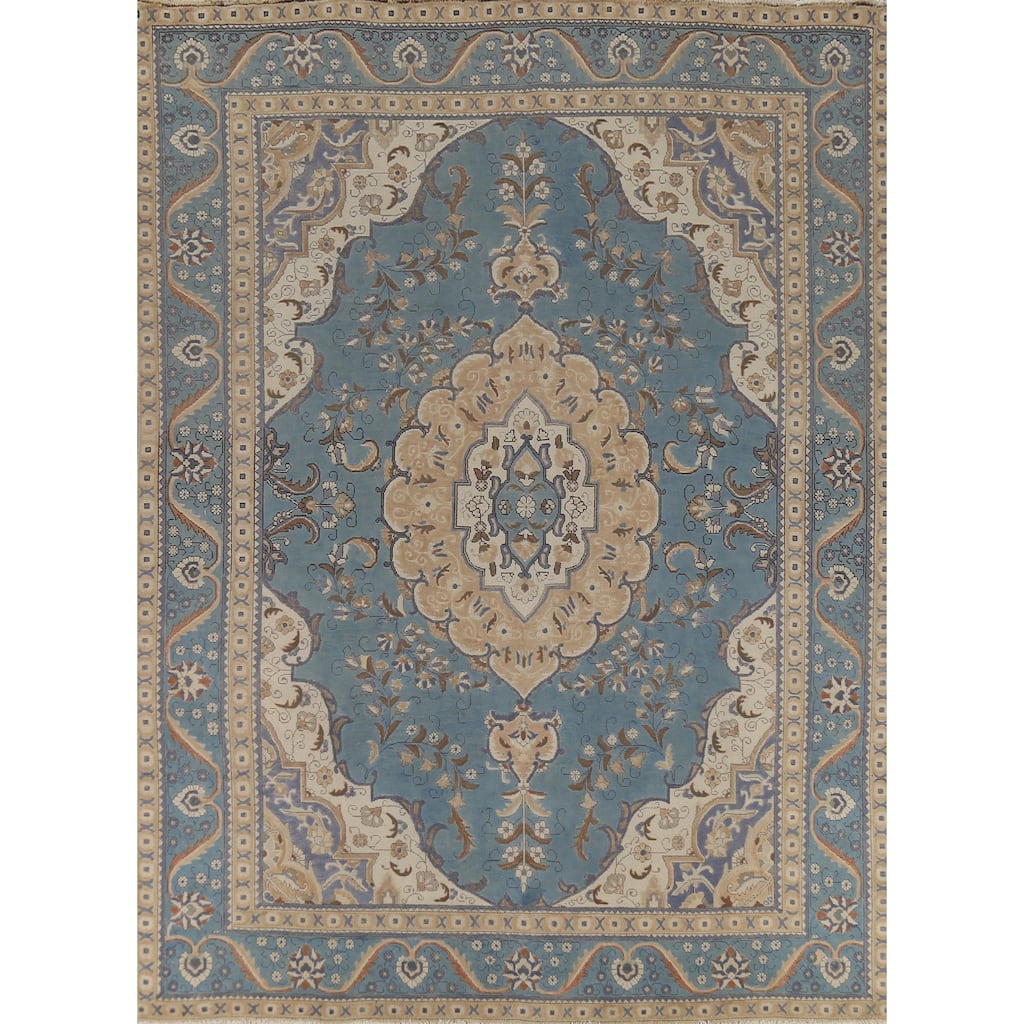 Light Blue Tabriz Persian Vintage Area Rug Hand-Knotted Wool Carpet - 9'7"x 12'6"