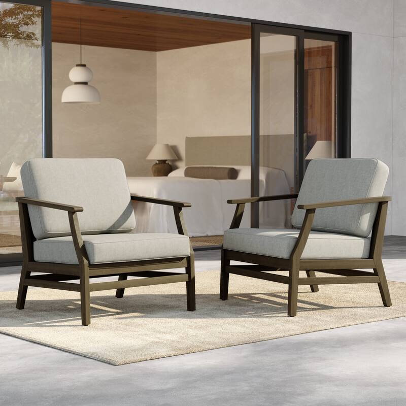 Outdoor Teak Wood Club Chairs with Cushions (Set of 2) - NaturalFrame-Light Camel