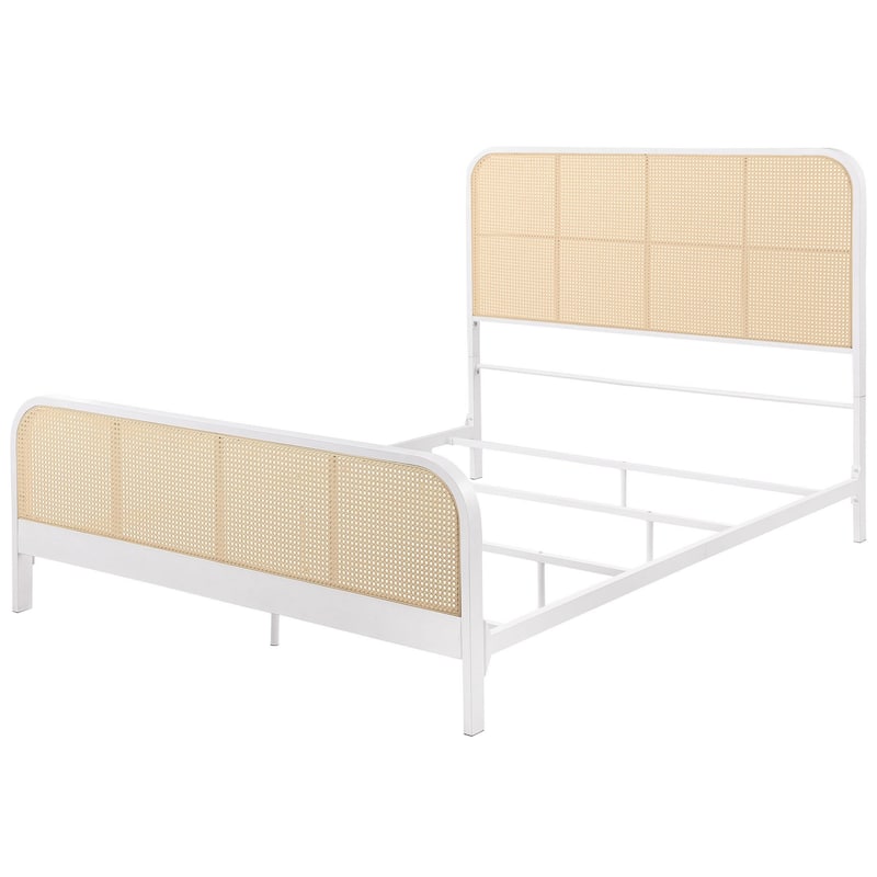 Lanie Queen Bed with Brown Open Cane Webbing Faux Rattan, White Metal