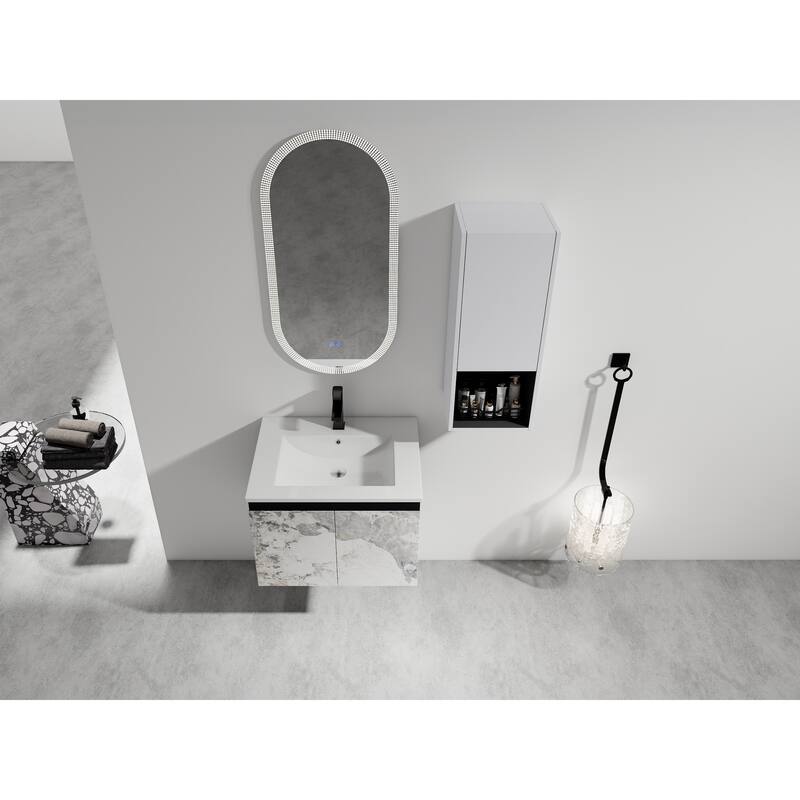 24" Wall-Mounted Bathroom Vanity with Ceramic Sink and Soft-Close Doors, Side Cabinet for Extra Storage