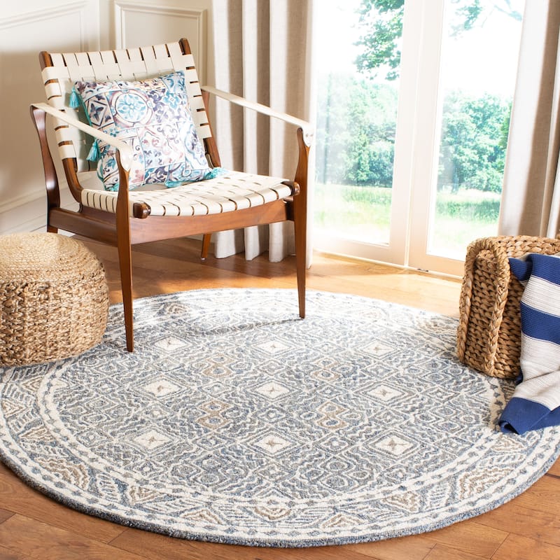 SAFAVIEH Handmade Micro-Loop Jelske Wool Rug - 5' Round - Blue/Ivory - Round