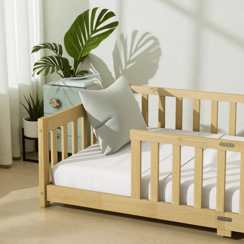 Twin Size Wooden Floor Bed with Fence, Solid Rubber Wood Montessori Bed Frame with Safety Guardrails for Kids