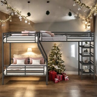 Twin Over Full L-Shaped Bunk Bed Twin Size Loft Bed With 4 Shelves for Home