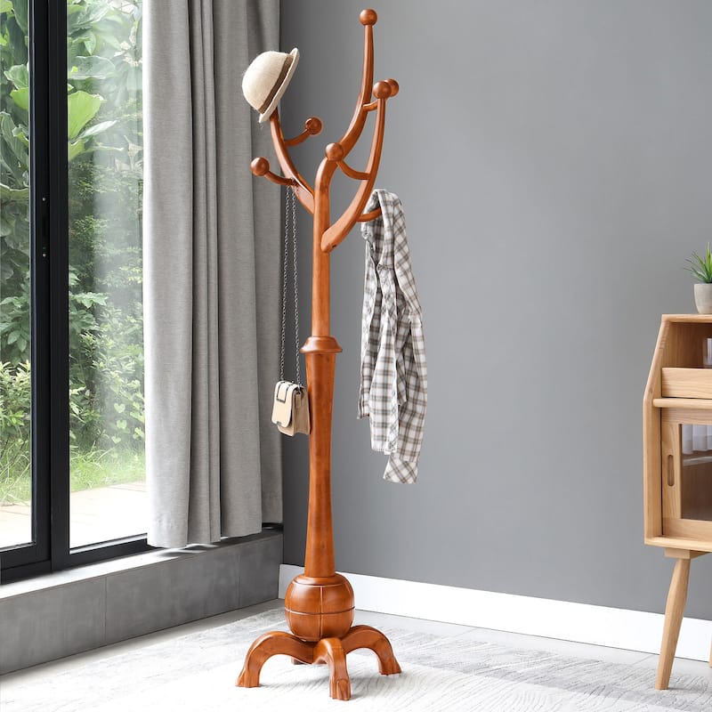 Tree-branch Rubberwood Freestanding Coat Rack with 8 Hooks - 24.5"W x 70.87"H - Light Brown
