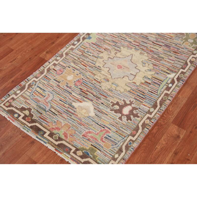 Hand Knotted Oriental 100% Wool Carpet Transitional Floral Multi-Colored Oushak Runner Rug - 19' 11'' X 2' 7''