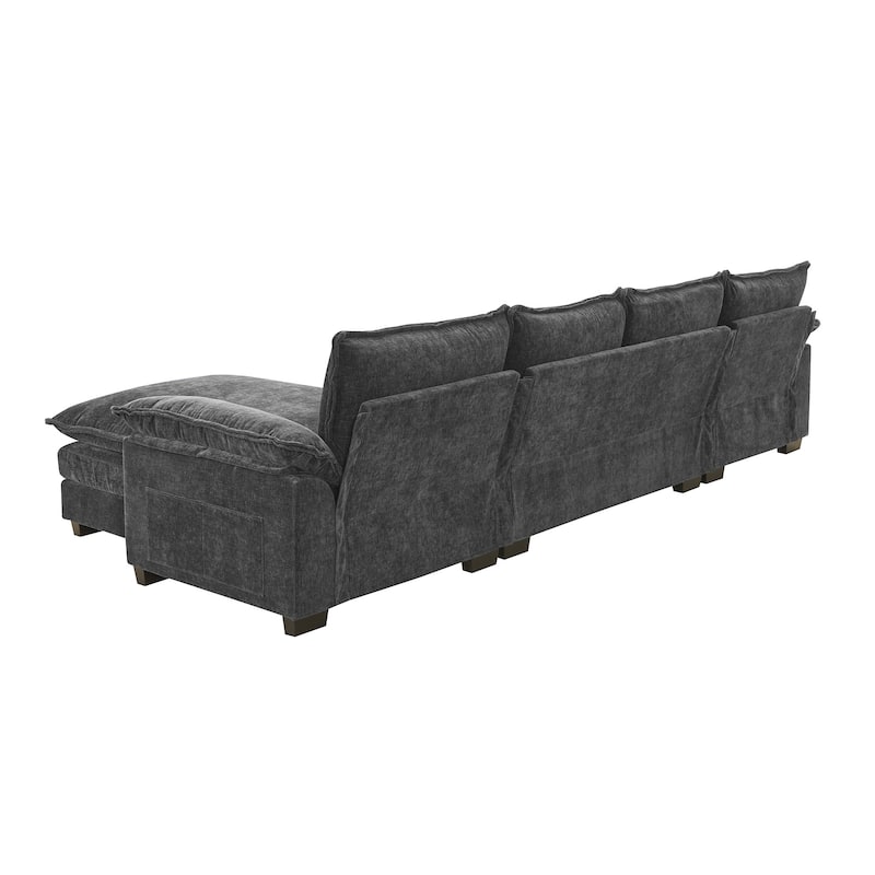 Chenille Upholstered Sectional Sofa with Chaise and Storage Pockets, 5 Seat Lounge Cloud Couch L-shaped Recliner Couches