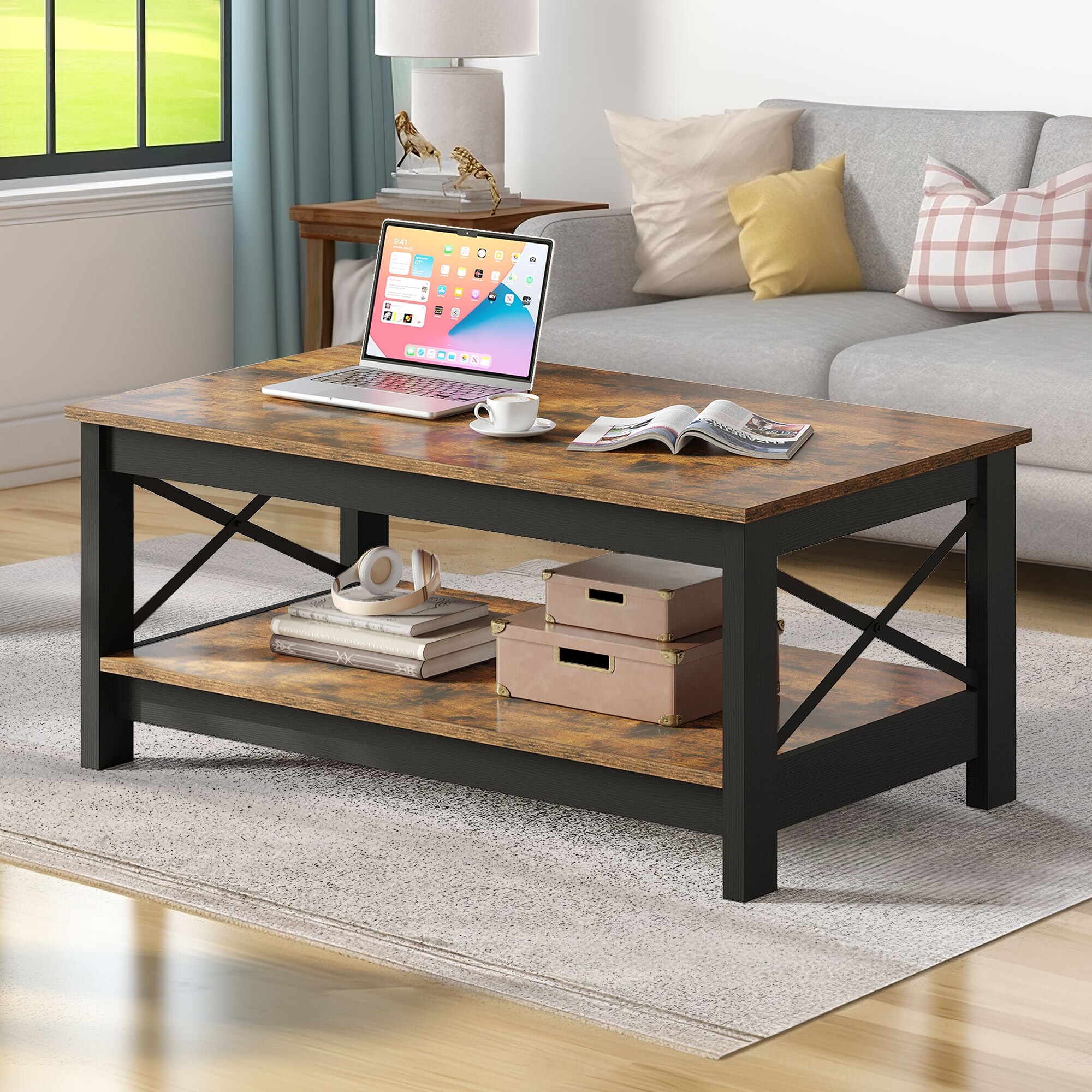 Farmhouse Coffee Table with Storage 2-Tier Center Table for Living Room