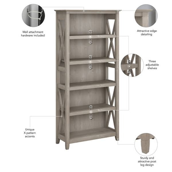 dimension image slide 14 of 15, Bush Furniture Key West Tall 5 Shelf Bookcase with Adjustable Shelves