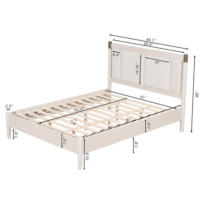 Modern Solid Wood Bed Frame Platform Bed with Central Textured Fabric Upholstered Headboard/Metal Handles/No Box Spring Needed