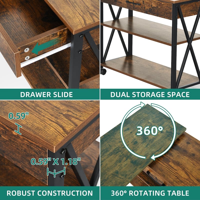 Moasis Rotating Wheeled Sofa Side Table with Drawer 2-Tier Storage Shelves