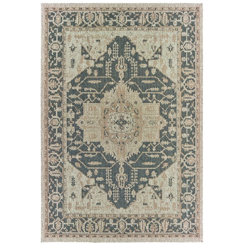 Vista Home Higgins Traditional Medallion Blue-Green/ Taupe Indoor/ Outdoor Area Rug - 9'10" x 12'10"