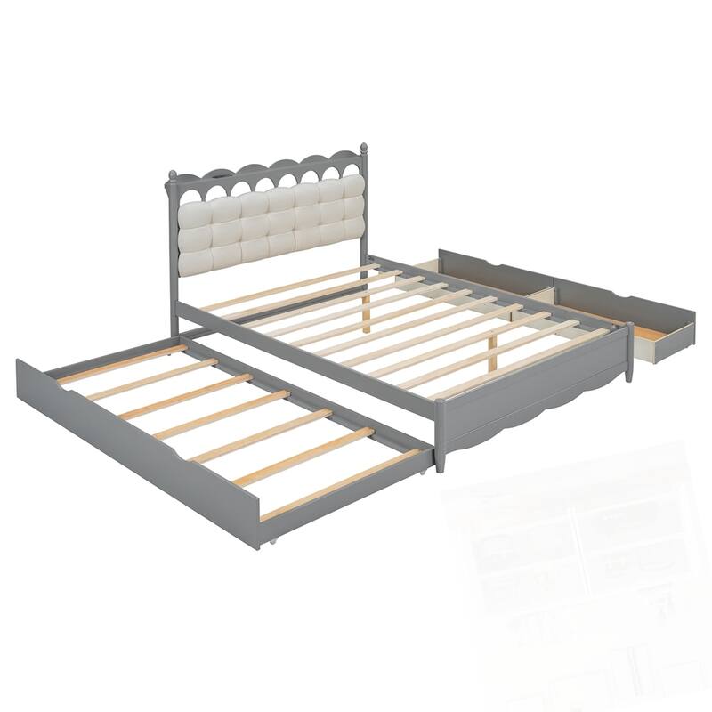 Wooden Storage Platform Bed with 2 Big Drawers and Twin-XL Size Trundle