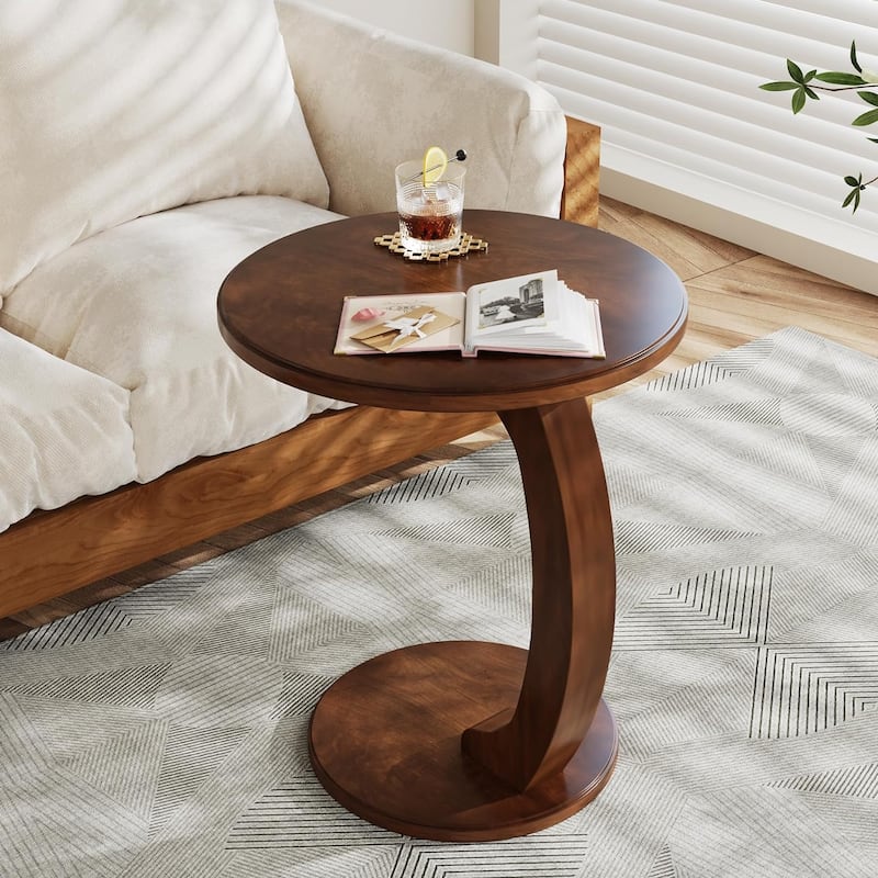 Solid Wood Round End Table Mid Century C-Shaped Side Table for Living Room & Bedroom