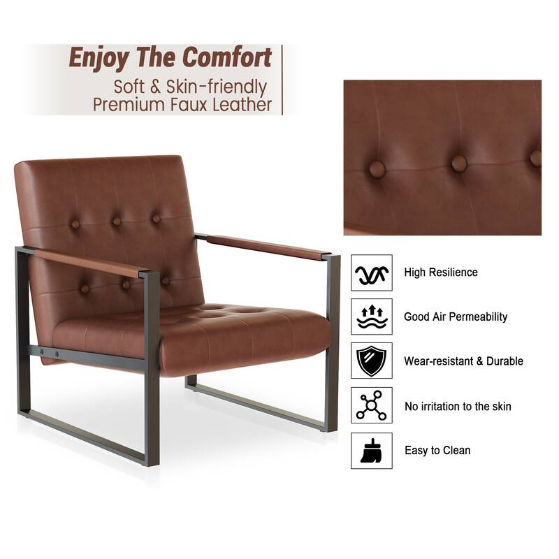 Mid-Century Style Faux Leather Accent Chair, Armchair with Steel Frame, Modern Single Sofa Chair for Living Room Bedroom Office