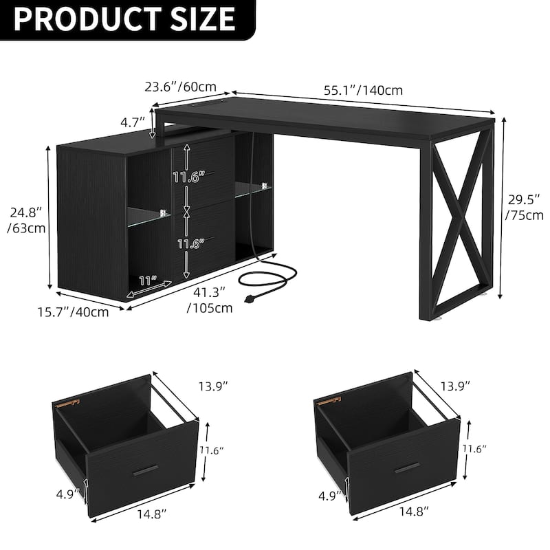 55 Inch L-shaped Gaming Desk with Power Outlets and LED Lights Computer Corner Desk with File Cabinet Monitor Stand