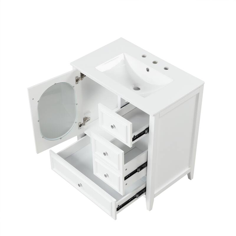 30" Bathroom Vanity with Sink, Bathroom Vanity Cabinet with Three Drawers and Door, Solid Wood and MDF, White