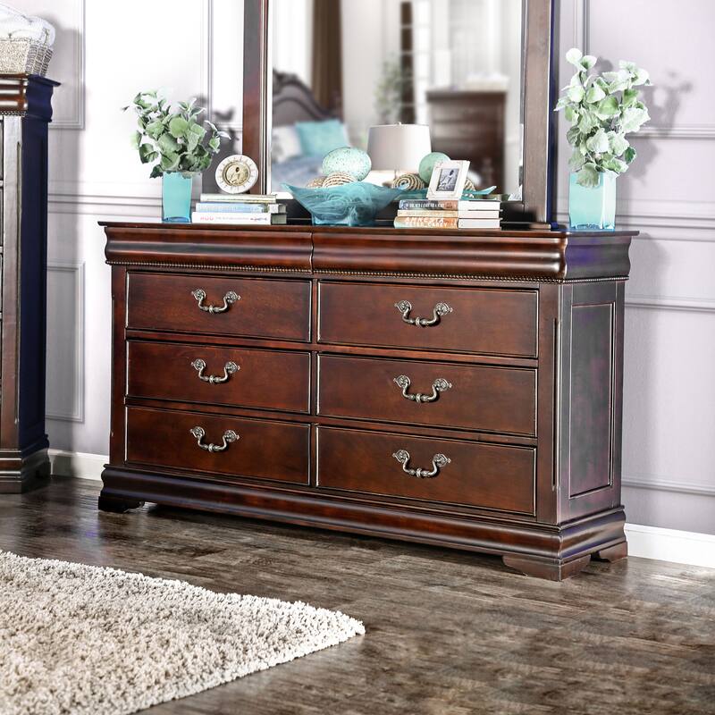 Jeannine Traditional Cherry Hidden Storage 56-inch Wide 6-Drawer Wood Dresser by Furniture of America