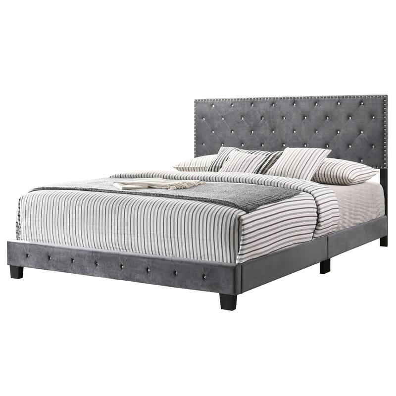 Suffolk Velvet Upholstered Jewel Accent Tufted Nailhead Panel Bed