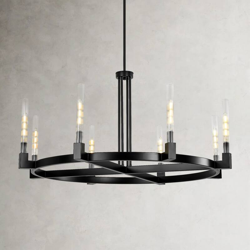 8-Light Mid-Century Modern Black Wagon Wheel Chandelier/Large Chandelier with Ribbed Glass Shade - 47.2 in. W x 23.6 in. H