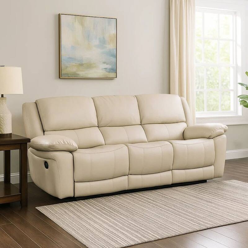 Larus Sofa, Manual Reclining Mechanism, Off White Faux Leather, 82 Inch