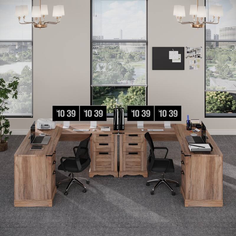 L Shaped Desk Set of 2, Wood Office Desk with Charging Station - Oak