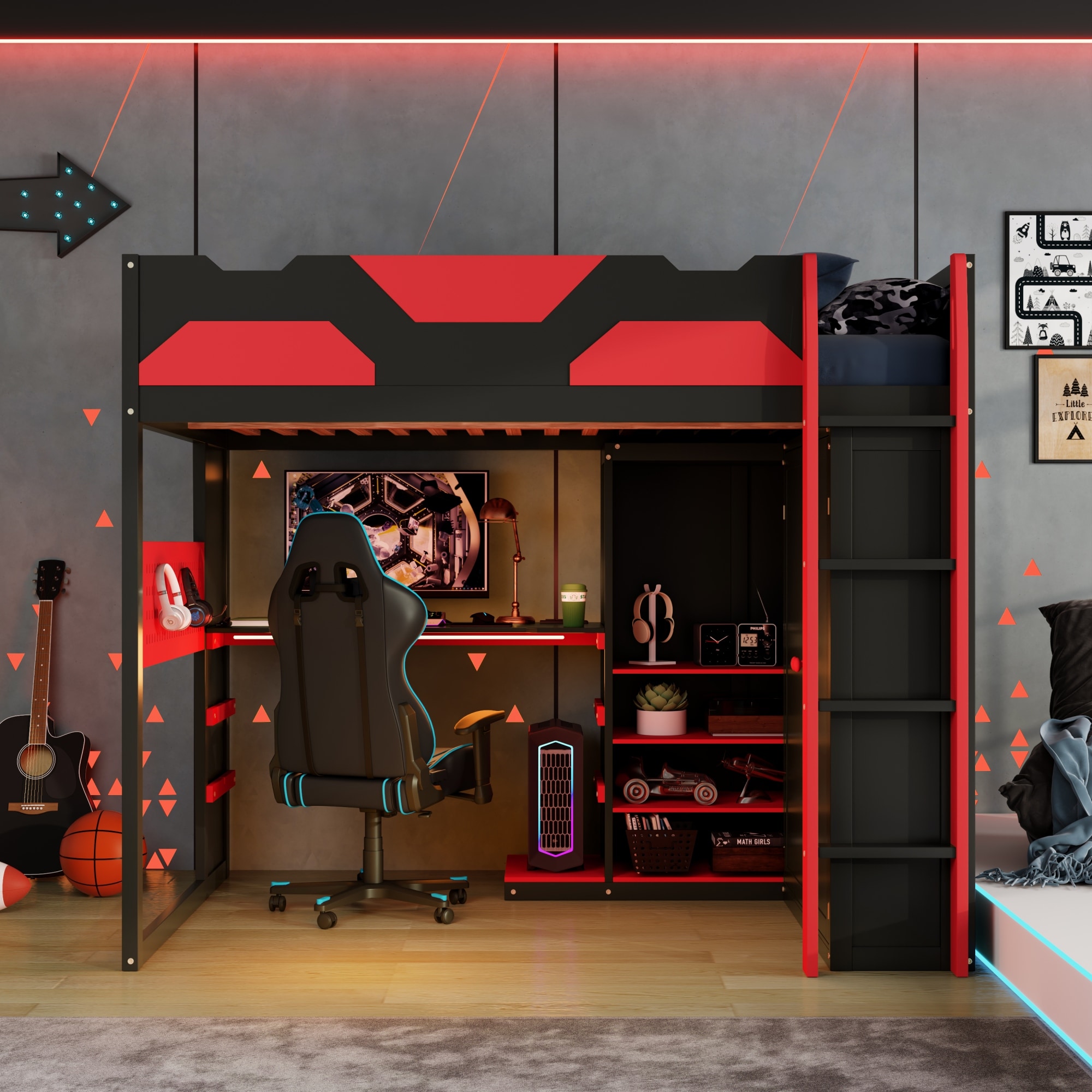 Roomfitters Full Wood Gaming Loft Bed, Adjustable Desk, Double-Door Wardrobe & RGB LEDs, Bed Frame & USBs Set