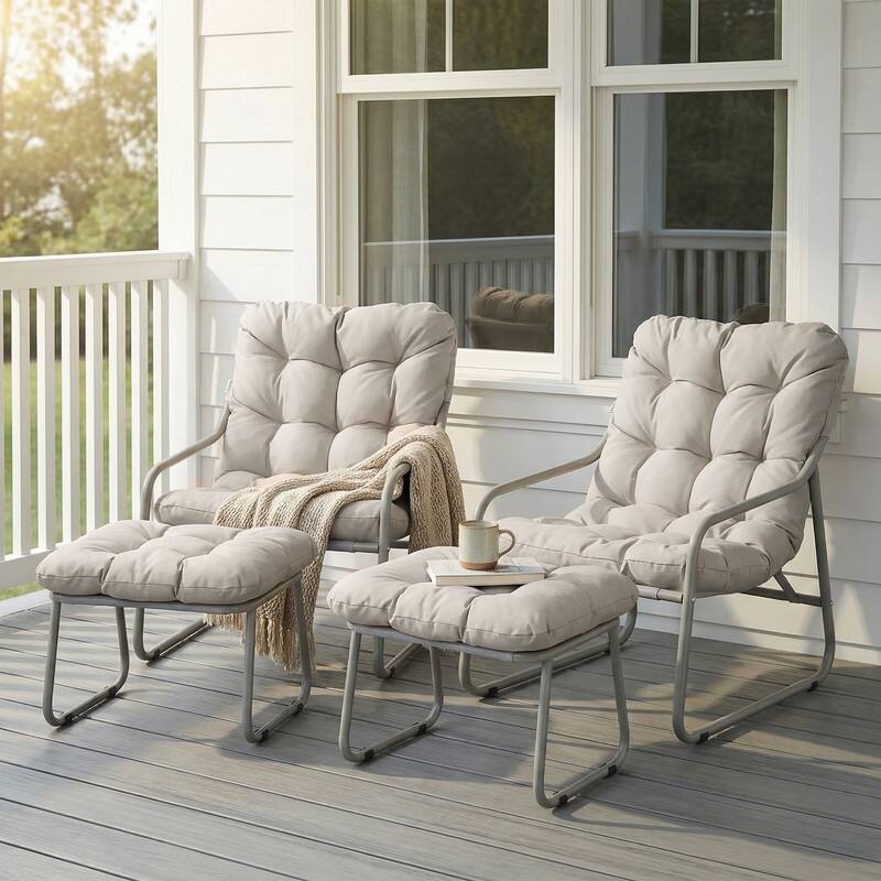 Outdoor Lounge Egg Chair with Ottoman, High-Back Metal Patio Papasan Accent Chair with Cushion for Balcony Porch Deck