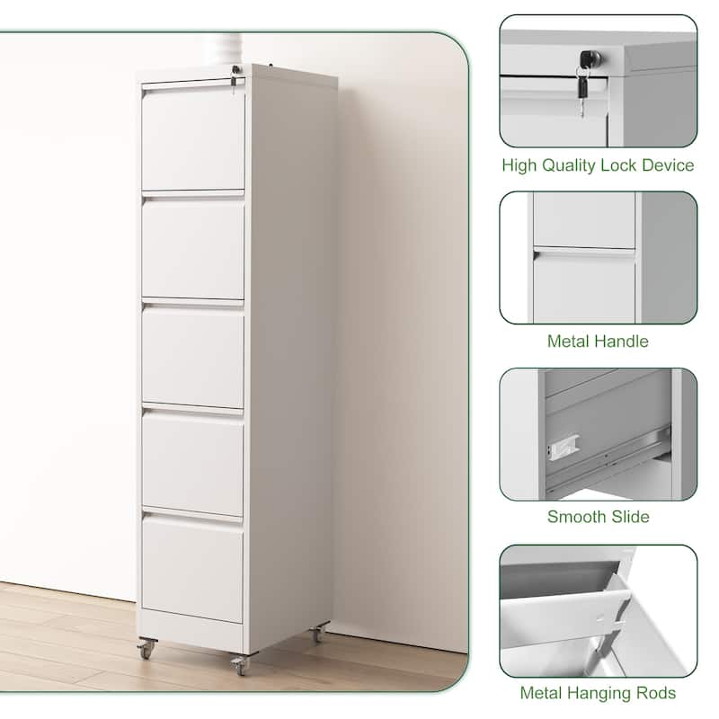5 Drawer Metal Vertical File Cabinet with Lock on Wheels,Heavy Duty Metal Storage Cabinet, 17.71"D*15.16"W*64.17"H
