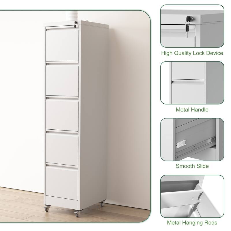 Metal Lockable File Cabinet with 5 Drawer and Wheels for Home Office