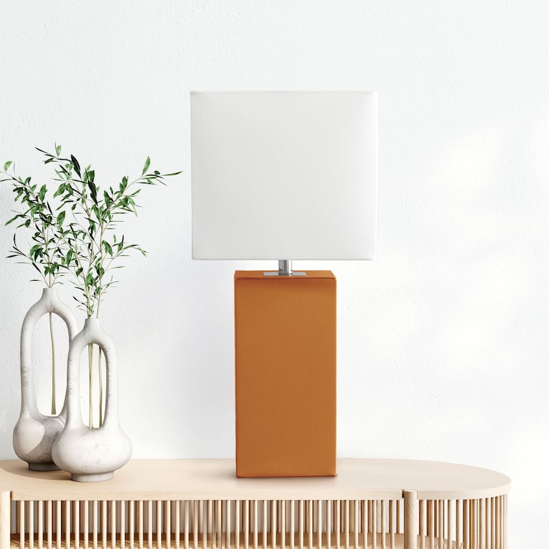 Leather Table Lamp with White Fabric Shade