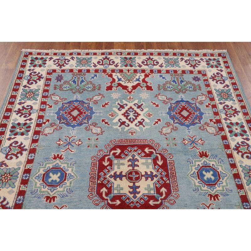 Light Blue Geometric Kazak Rug Handmade Wool Carpet - 4'11" x 6'6"