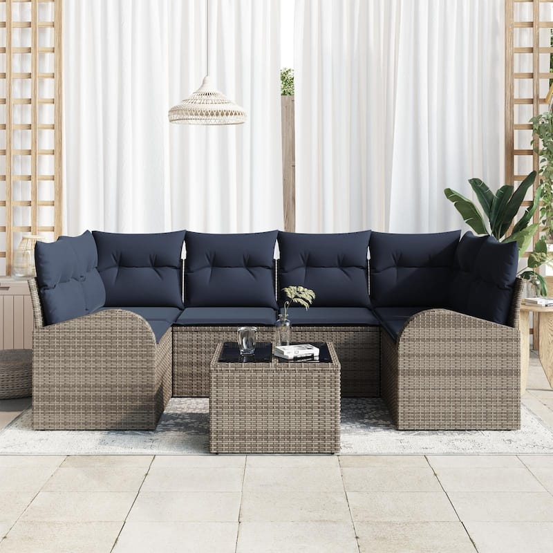 vidaXL 7 Garden Sofa Set with Cushions Black/Brown/Grey Poly Rattan - 92.1 x 48.8 x 27.2