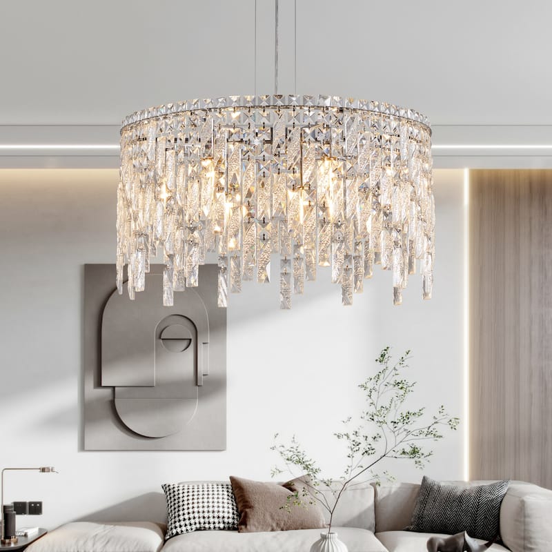 24" Luxurious Round Silver Crystal Chandelier, Contemporary Pendant Light (Bulbs Not Included) - Chrome - Chrome