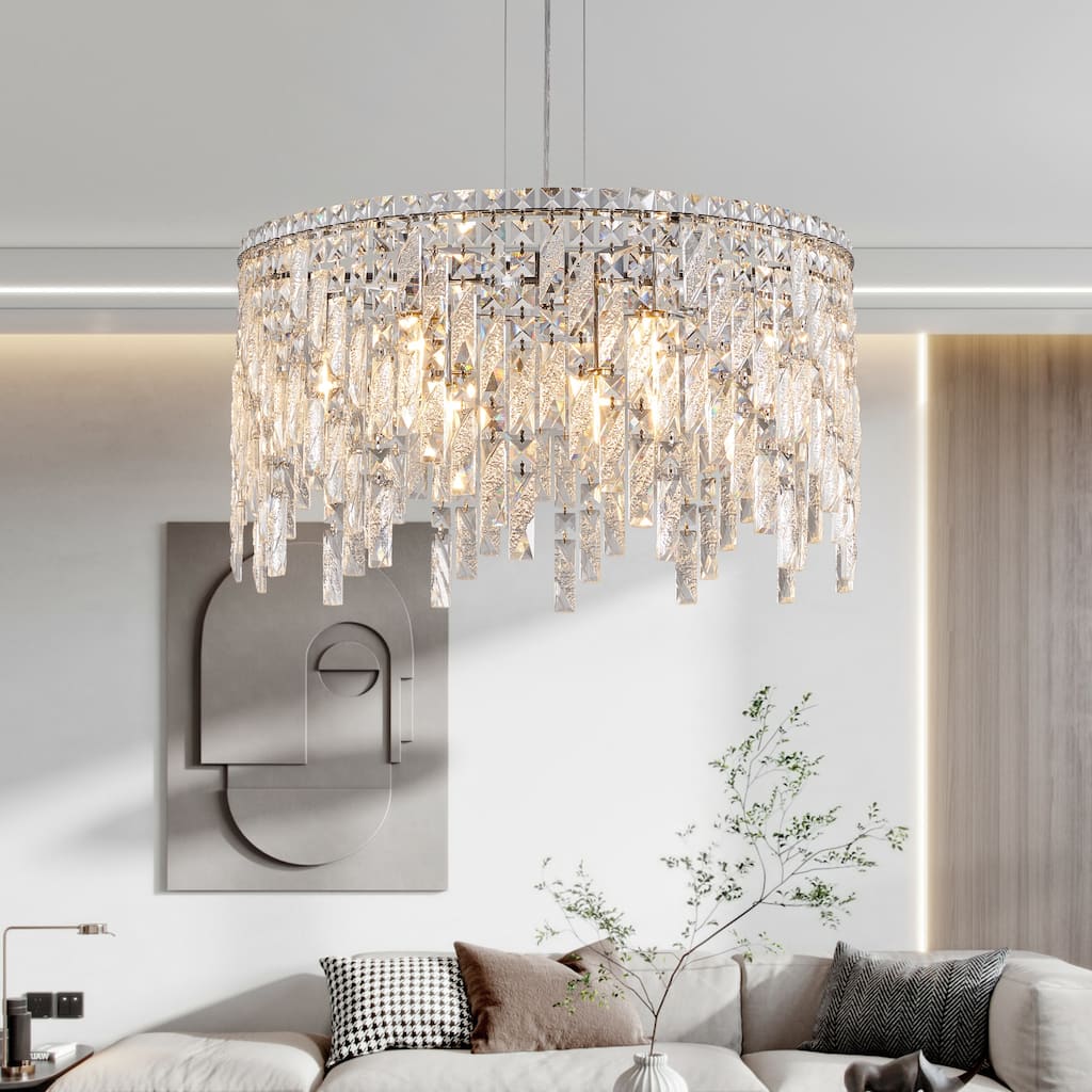 24" Luxurious Round Silver Crystal Chandelier, Contemporary Pendant Light (Bulbs Not Included) - Chrome
