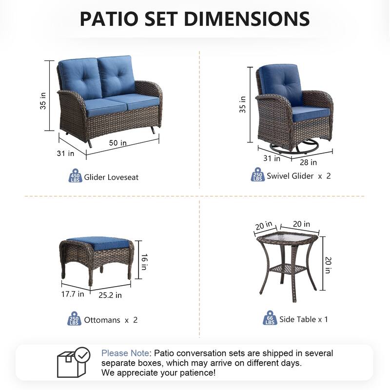 Pocassy 6 Pieces Glider Sofa with Swivel Chairs Ottomans Table