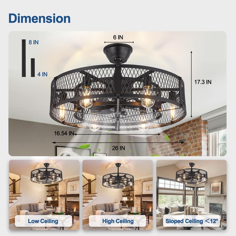 20-26" Caged outdoor Ceiling Fan with Light: Remote App Control-Farmhouse Fandelier Flush Mount Fixture Reversible 6 Speed Timer