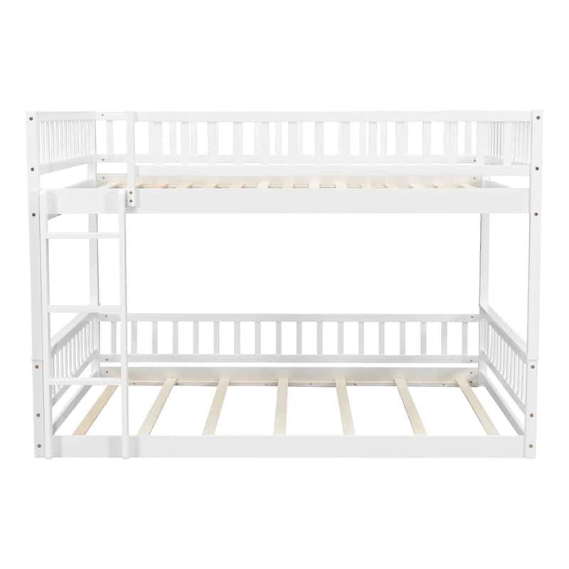 Bunk Bed Frame with Ladder and Guardrails, Detachable Design Wooden Bunk Bedframe into 2 Separate Platform Beds