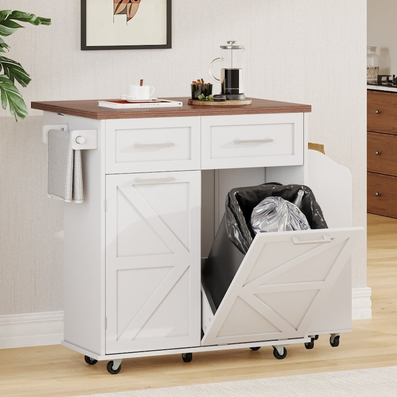 47.2" Farmhouse Kitchen Island with Drop Leaf,Removable Side Racks and Two Drawers
