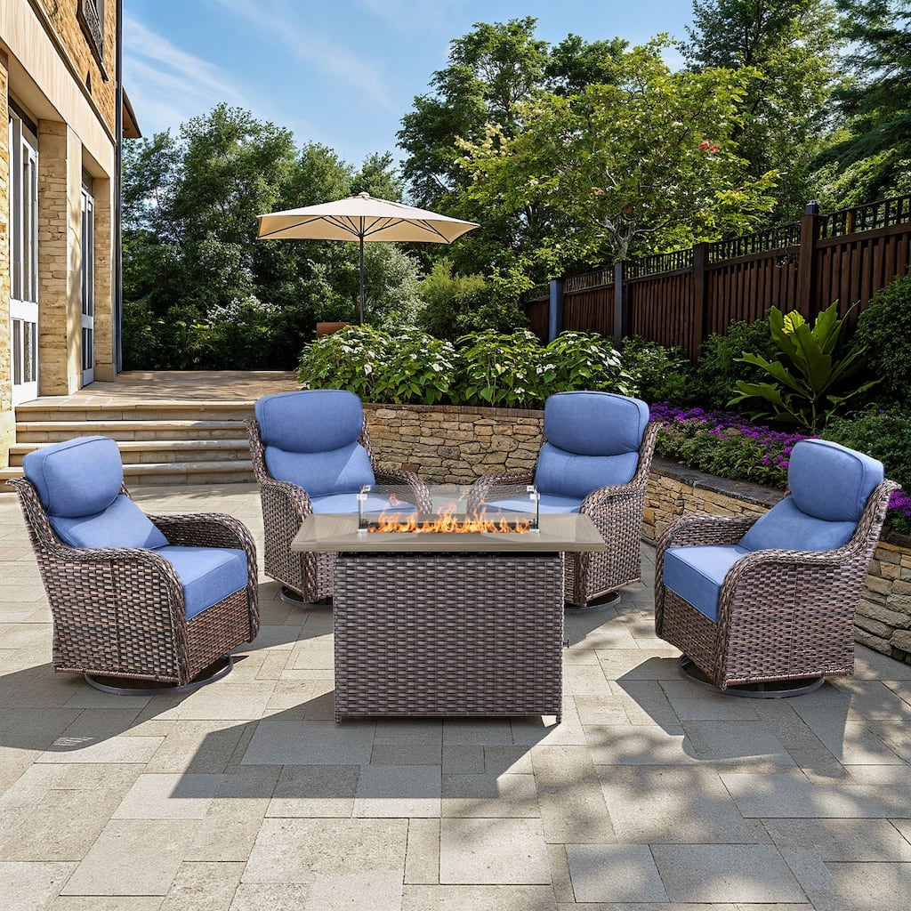 Arcadia 5-Piece Patio Conversation Set with 4 Swivel Glider Chairs and Wicker Fire Pit
