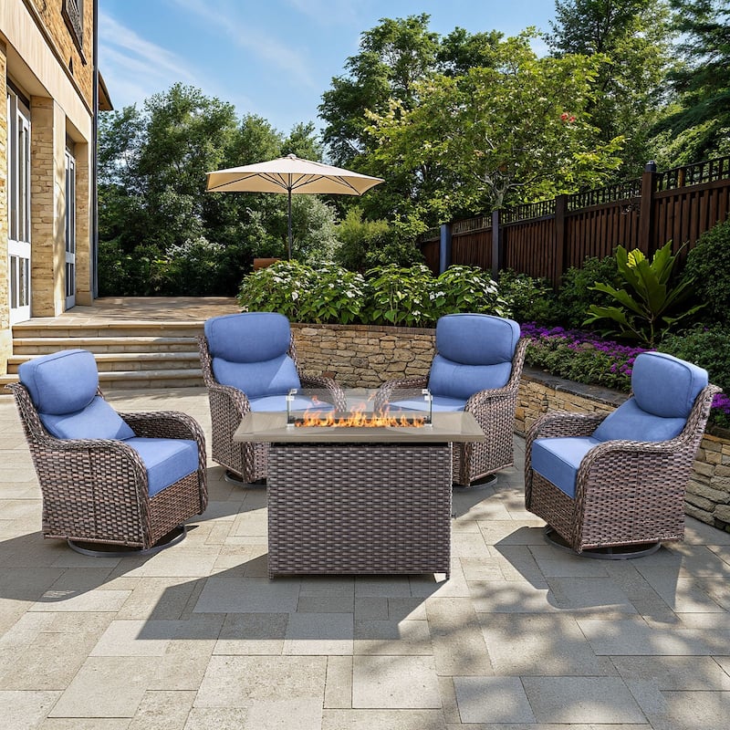 Arcadia 5-Piece Patio Conversation Set with 4 Swivel Glider Chairs and Wicker Fire Pit - Navy Blue Cushions - Brown Wicker