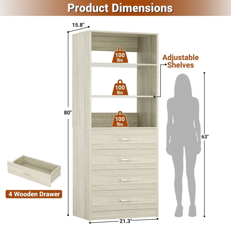 Freestanding Closet Organizer with 4 Drawers and 4 Shelves, Wooden Closet System for Walk-in Closet