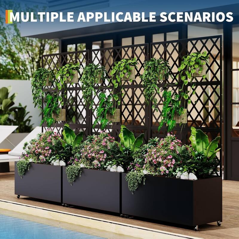 70x35x15Inch Large Elevated Galvanized Steel Garden Bed with Trellis and Privacy Screen Outdoor Planter Box on Locking Wheels