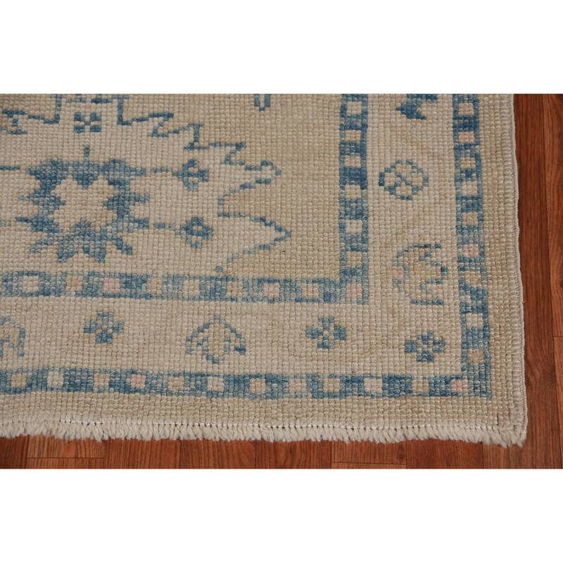 Hand Knotted Oriental 100% Wool Carpet Transitional Geometric Beige & Ivories Oushak Runner Rug - 14' 2'' X 3' 4''