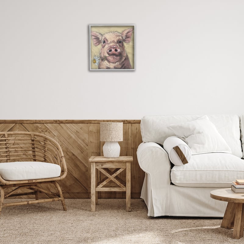 Stupell Pig Holding Daisy Sprig Framed Giclee Art Design By Sara G. Designs
