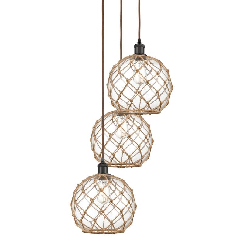 Innovations Lighting 113B-3P-37-17 Farmhouse Rope Pendant Farmhouse - Oil Rubbed Bronze / Clear Glass with Brown Rope