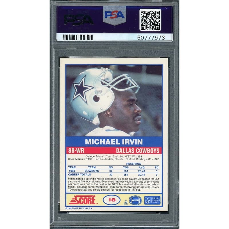 Michael Irvin 1989 Score Football Rookie Card RC #18 Graded PSA 9 - 8'6" x 11'6"